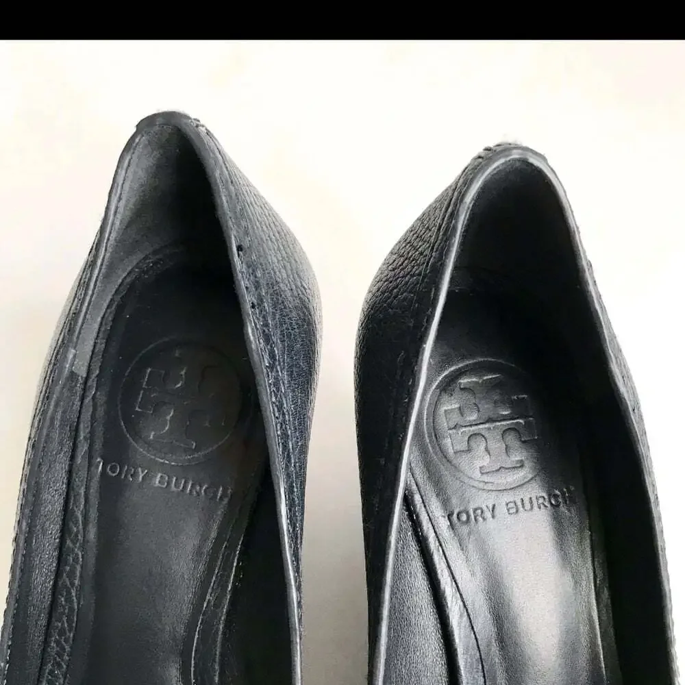 Tory Burch Navy Blue Leather Peep Toe Wedge Heels Gold Logo Size 6.5 Quiet Luxur